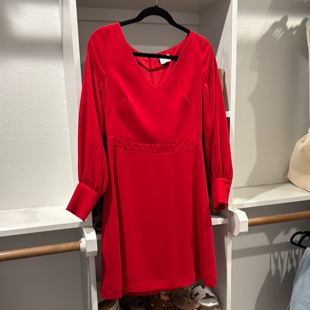 Ann Taylor Red A-line Long Sleeve Bishop Sleeve V-neck Cocktail Dress